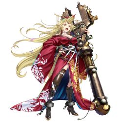  1girl alternate_costume black_footwear blonde_hair breasts cleavage earrings fang full_body game_cg high_heels highres horns hoshiguma_yuugi hoshiguma_yuugi_(oni_gate_abou_rakshasa) japanese_clothes jewelry kimono large_breasts long_hair looking_at_viewer open_mouth oversized_object red_horns red_kimono rotte_(1109) sash simple_background single_horn solo standing third-party_source touhou touhou_lostword very_long_hair white_background wrench 