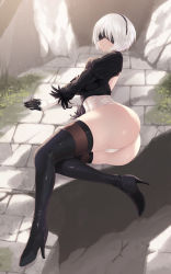1girl ass back_cutout black_blindfold black_dress black_hairband black_thighhighs blindfold boots breasts cait_aron cleavage_cutout clothing_cutout covered_eyes day dress facing_viewer feather-trimmed_sleeves gloves hairband high_heel_boots high_heels highleg highleg_leotard highres juliet_sleeves leather leather_boots leotard light_particles long_sleeves medium_breasts mole mole_under_mouth nier_(series) nier:automata no_pants outdoors puffy_sleeves short_hair solo sword thigh_boots thighhighs thighhighs_under_boots weapon white_hair white_leotard 2b_(nier:automata) rating:Sensitive score:40 user:danbooru