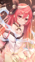 1girl absurdres ahoge bare_shoulders black_bow bow breasts date_a_live embers fire highres horn_ornament horn_ribbon horns itsuka_kotori japanese_clothes kimono kuro_leika00x long_hair looking_at_viewer obi off_shoulder red_eyes red_hair ribbon sash sidelocks small_breasts tears white_kimono rating:General score:9 user:danbooru