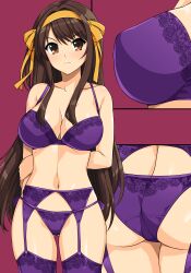 1girl absurdres arms_behind_back ass bare_shoulders blush bra breasts brown_eyes brown_hair closed_mouth collarbone crotch_seam garter_belt garter_straps gluteal_fold hair_ornament hairband haruhisky highres lace lace-trimmed_bra lace-trimmed_panties lace_trim lingerie long_hair looking_at_viewer medium_breasts multiple_views navel panties purple_bra purple_panties serious shiny_skin simple_background stomach suzumiya_haruhi suzumiya_haruhi_no_yuuutsu thighs underwear underwear_only rating:Sensitive score:79 user:danbooru
