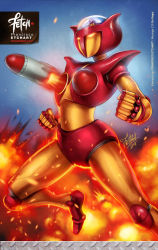  1970s_(style) 1girl 2018 aphrodai_a battle breast_missiles breasts canopy cockpit dated explosion fire firing franciscoetchart glowing glowing_eyes helmet mazinger_(series) mazinger_z mecha missile official_style oldschool pilot pilot_suit realistic redesign retro_artstyle robot science_fiction signature super_robot uniform yumi_sayaka 