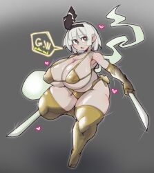  1girl bikini black_hairband breasts commentary curvy doctor5648 ghost gold_bikini gold_gloves gold_thighhighs golden_week green_eyes grey_hair hairband heart heart-shaped_pupils highres holding holding_sword holding_weapon huge_breasts katana konpaku_youmu konpaku_youmu_(ghost) looking_at_viewer multiple_swords solo speech_bubble swimsuit sword symbol-shaped_pupils thick_thighs thighs touhou weapon wide_hips 