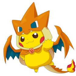 blue_eyes brown_eyes charizard closed_mouth cosplay creatures_(company) fire flying game_freak gen_1_pokemon mega_charizard_y mega_pokemon mega_stone nintendo pikachu pirosiki025 pokemon pokemon_(creature) simple_background smile smirk solo white_background wings