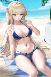  1girl arm_support beach beach_towel bikini bikini_under_shorts blonde_hair blue_archive blue_bikini blue_eyes blue_sky breasts briefcase day denim denim_shorts eating food halo hand_up highres holding holding_food holding_popsicle long_hair looking_at_viewer lp medium_breasts micro_shorts navel ocean open_fly outdoors popsicle shorts sitting sky solo stomach swimsuit thighs toki_(blue_archive) towel very_long_hair 