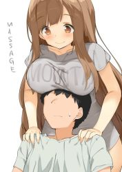 1boy 1girl black_hair blush breast_rest breasts breasts_on_head brown_eyes brown_hair check_commentary collarbone commentary_request english_text faceless faceless_male grey_skirt kaisen_chuui large_breasts long_hair looking_at_another looking_down original shirt short_hair short_sleeves shoulder_massage simple_background skirt smile white_background white_shirt rating:Sensitive score:63 user:danbooru