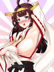 10s 1girl ahoge arm_up armpits blue_eyes blush breasts brown_hair female_focus highres huge_breasts igarashi_mangou kantai_collection kongou_(kancolle) large_breasts long_hair sideboob smile solo sweat rating:Questionable score:30 user:danbooru