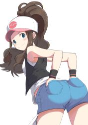 1girl absurdres arms_behind_back ass bare_arms baseball_cap black_vest blue_eyes blue_shorts blush brown_hair closed_mouth contrapposto creatures_(company) cutoffs denim denim_shorts from_behind from_below game_freak hair_through_headwear hands_in_pockets hat high_ponytail highres hilda_(pokemon) leaning_forward long_hair looking_at_viewer looking_back negimiso1989 nintendo poke_ball_print pokemon pokemon_bw ponytail shirt short_shorts shorts sidelocks simple_background sleeveless sleeveless_shirt smile solo thighs vest white_background white_shirt wristband rating:Sensitive score:43 user:danbooru