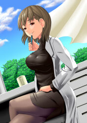  1girl bad_anatomy black_dress breasts brown_eyes brown_hair coat crossed_legs cup curtains day dress green_green grey_coat hand_on_own_leg holding holding_marker iino_chigusa impossible_clothes impossible_dress indoors large_breasts long_sleeves looking_at_viewer marker medium_hair mug pantyhose sitting smile solo tetuzannkou window 
