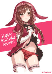  1girl animal_hood bangs black_neckwear blush bow_legwear braid brown_eyes brown_hair bunny_hood character_name commentary_request cowboy_shot dress dress_lift elbow_gloves english_text frilled_dress frilled_panties frilled_sleeves frills gloves hair_over_shoulder hair_ribbon happy_birthday hood hood_up hooded_dress idolmaster idolmaster_shiny_colors lace lace-trimmed_legwear lace_trim lifted_by_self long_hair looking_at_viewer navel neck_ribbon oosaki_amana open_mouth panties plaid plaid_panties red_dress red_panties ribbon short_sleeves solo standing thighhighs torimaru twin_braids twintails twitter_username underwear white_gloves white_legwear 
