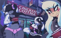  3girls belly bird black_hair blonde_hair bone bow breasts cat chicken cleavage dog eating england fat fishnets furry hood hoodie large_breasts luna_paws minx_kitten multiple_girls original panda plump road roxie_pepper shorts slit_pupils smutbunny street thick_thighs thighs wide_hips  rating:Questionable score:19 user:SFJR