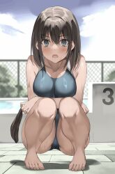  1girl barefoot black_hair blue_eyes blush breasts collarbone competition_swimsuit feet highres kureha_(ironika) looking_at_viewer medium_breasts one-piece_swimsuit open_mouth original outdoors poolside solo squatting swimsuit tsubasa_(kureha) wet 