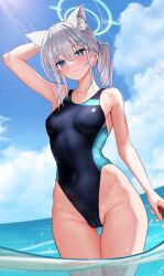  1girl absurdres animal_ear_fluff animal_ears bare_shoulders black_one-piece_swimsuit blue_archive blue_eyes blush breasts cameltoe commentary_request competition_swimsuit covered_navel cross_hair_ornament extra_ears grey_hair hair_ornament halo hidis0086 highleg highleg_swimsuit highres korean_commentary low_ponytail medium_breasts medium_hair mismatched_pupils multicolored_clothes multicolored_swimsuit ocean official_alternate_costume one-piece_swimsuit outdoors partially_underwater_shot shiroko_(blue_archive) shiroko_(swimsuit)_(blue_archive) solo standing swimsuit wading water wet wolf_ears 