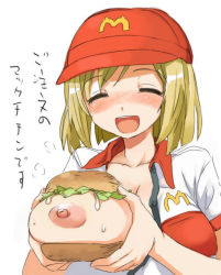  1girl 774_(nanashi) blonde_hair blue_eyes blush bread breast_hold breast_slip breasts breasts_out bruise burger cleavage closed_eyes collarbone employee_uniform fast_food_uniform food grin happy hat injury large_areolae large_breasts lettuce mayonnaise mcdonald&#039;s naughty_face nipples one_breast_out open_clothes open_mouth open_shirt shirt short_hair simple_background smile solo sweat teeth translated unbuttoned unbuttoned_shirt uniform what white_background  rating:Questionable score:134 user:danbooru