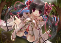  1girl bad_id bad_pixiv_id bare_shoulders black_hair boots breasts rabbit cameltoe cleavage flower hair_flower hair_ornament japanese_clothes long_hair original panties pantyshot red_eyes solo squatting sword thigh_boots thighhighs twintails underwear upskirt weapon yuncha  rating:Questionable score:13 user:danbooru