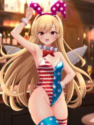  1girl absurdres adapted_costume american_flag american_flag_legwear american_flag_print animal_ears bar_(place) blonde_hair bow bowtie cipher_(user_watm8555) clownpiece cowboy_shot detached_collar fairy_wings flag_print green_eyes highres leotard long_hair playboy_bunny rabbit_ears red_leotard solo strapless strapless_leotard thighhighs touhou wings wrist_cuffs 