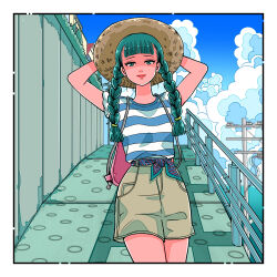  1girl arms_behind_head blue_sky border bow braid closed_mouth cloud day eyelashes green_eyes green_hair grey_shorts hat highres long_hair looking_at_viewer morry369 original outdoors pink_bow shirt shorts sky solo striped_clothes striped_shirt sun_hat twin_braids utility_pole white_border 
