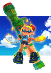 1girl beanie bike_shorts black_footwear black_shorts blonde_hair blue_eyes blue_sky blunt_bangs closed_mouth commentary english_commentary full_body glowing glowing_hair hanako515_ika hat highres holding holding_weapon huge_weapon inkling inkling_girl inkling_player_character inkzooka_(splatoon) letterboxed long_hair looking_at_viewer midriff navel nintendo outside_border pointing pointing_at_viewer pointy_ears print_shirt red_hat shirt short_sleeves shorts sky smile solo splatoon_(series) splatoon_1 suction_cups tentacle_hair twintails v-shaped_eyebrows wavy_mouth weapon white_shirt 