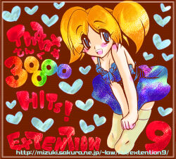 1girl blonde_hair blue_dress blue_eyes blush breasts bubbles_(ppg) cartoon_network cleavage collarbone dress heart leaning_forward long_hair looking_at_viewer milestone_celebration open_mouth powerpuff_girls red_background sleeveless sleeveless_dress small_breasts smile standing teeth thighhighs twintails usamirui wind wind_lift yellow_thighhighs 