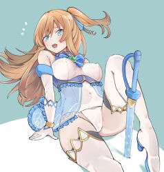  1girl bare_shoulders blue_eyes boots brown_hair celesphonia commentary_request covered_erect_nipples foot_out_of_frame hatoboshi high_heel_boots high_heels highres long_hair looking_at_viewer magical_girl mahou_shoujo_celesphonia one_side_up open_mouth panties shirt solo sword thigh_boots underwear weapon white_footwear white_panties white_shirt 