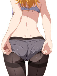  1girl absurdres adjusting_clothes adjusting_panties back black_pantyhose borgbutler bra commentary_request cowboy_shot crotch_seam facing_away from_behind grey_bra grey_panties head_out_of_frame highres love_live! love_live!_superstar!! medium_hair orange_hair panties panties_under_pantyhose pantyhose partial_commentary shibuya_kanon simple_background solo standing thighband_pantyhose underwear underwear_only white_background 