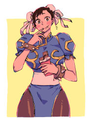 1girl absurdres blue_dress blush bracelet breasts brown_eyes brown_hair china_dress chinese_clothes chocolate chun-li double_bun dress food highres huge_breasts jewelry pantyhose pelvic_curtain sash sexybeam solo spiked_bracelet spikes street_fighter thighs rating:Sensitive score:18 user:danbooru