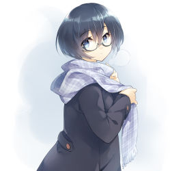  1girl akr_et black_coat blue_background blue_eyes blue_hair blue_scarf breath checkered_clothes checkered_scarf coat from_side glasses hair_between_eyes long_sleeves looking_at_viewer looking_to_the_side original parted_lips scarf semi-rimless_eyewear short_hair solo upper_body 