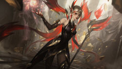  1girl absurdres blonde_hair colored_tips commentary cowboy_shot earrings english_commentary eyeshadow fingernails forehead_jewel highres holding holding_staff incoming_attack jewelry league_of_legends leblanc_(league_of_legends) lipstick looking_at_viewer magic makeup multicolored_hair nail_polish official_alternate_costume official_alternate_hairstyle official_art outdoors parted_lips red_hair red_lips red_nails risen_legend_leblanc rock sharp_fingernails short_hair smile solo staff stairs statue streaked_hair two-tone_hair yellow_eyes 