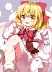  1girl angel_wings blonde_hair blush bow bowtie commentary_request crossed_legs feathered_wings gengetsu_(touhou) hair_bow highres long_sleeves looking_at_viewer medium_hair open_clothes open_mouth open_vest red_bow red_bowtie ruu_(tksymkw) skirt smile solo touhou touhou_(pc-98) vest white_wings wings yellow_eyes 