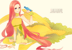 1girl bad_deviantart_id bad_id bare_shoulders bird bird_on_hand blue_eyes choker dress fluttershy highres long_hair my_little_pony my_little_pony:_friendship_is_magic orichie personification pink_hair sitting smile solo thighhighs wariza watermark web_address wings wrist_cuffs yellow_dress yellow_thighhighs rating:Sensitive score:16 user:danbooru