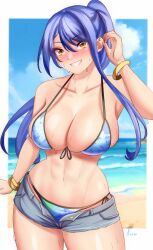  absurdres anisdrawn beach bikini blue_bikini blue_hair blue_sky blush border bracelet breasts cloud commentary commission eiyuu_densetsu english_commentary floating_hair grin hair_between_eyes highres jewelry large_breasts laura_s._arseid long_hair looking_at_viewer ocean outdoors parted_bangs partially_unzipped ponytail second-party_source sen_no_kiseki shorts sidelocks signature sky smile swimsuit white_border yellow_eyes 