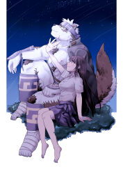 1boy 1girl absurdres bandaged_foot bandages bara barefoot black_coat black_hair black_skirt breasts buttons coat collared_shirt from_side furry furry_male grey_shirt highres horkeu_kamui knee_up leg_hair long_hair looking_up medium_breasts muscular muscular_male nipples open_clothes open_coat outdoors pectorals pleated_skirt protagonist_2_(housamo) shirt skirt smile stargazing sumi_wo_hakuneko tokyo_houkago_summoners very_long_hair yellow_eyes