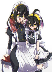  1boy 1girl ahoge alternate_costume apron black_dress black_hair blush brother_and_sister carmine_(pokemon) closed_mouth commentary_request creatures_(company) crossdressing crossed_bangs dress enmaided eyelashes frilled_apron frills game_freak hair_between_eyes highres juliet_sleeves kieran_(pokemon) leftporygon long_hair long_sleeves maid maid_headdress mole mole_on_neck mole_under_eye multicolored_hair nintendo open_mouth pokemon pokemon_sv puffy_short_sleeves puffy_sleeves purple_hair ribbon short_sleeves siblings simple_background sitting stool trap white_background wrist_cuffs yellow_eyes 