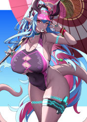  1girl bare_shoulders black_one-piece_swimsuit blue_hair blush body_markings breasts cleavage collarbone colored_skin covered_navel earrings fate/grand_order fate_(series) fei_er grey_skin hat highleg highleg_swimsuit highres horns huge_breasts ibuki_douji_(fate) ibuki_douji_(swimsuit_berserker)_(fate) ibuki_douji_(swimsuit_berserker)_(first_ascension)_(fate) jewelry long_hair looking_at_viewer mouth_hold multicolored_hair oil-paper_umbrella one-piece_swimsuit one_eye_closed oni oni_horns pink_hair pink_hat pink_one-piece_swimsuit pointy_ears ponytail red_eyes sidelocks smile solo swimsuit tail thigh_strap thighs two-tone_swimsuit umbrella very_long_hair visor_cap whistle wide_hips  rating:Sensitive score:73 user:danbooru