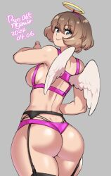  1girl agawa_ryou artist_name ass blue_eyes breasts brown_hair commentary dated english_commentary fake_halo fake_wings grey_background halo medium_breasts original short_hair sideboob simple_background solo wings 