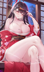  1girl black_hair blue_archive blunt_bangs blush breasts cleavage closed_mouth collarbone commentary_request crossed_legs hair_ornament hairclip halo highres japanese_clothes kimono large_breasts long_hair looking_at_viewer mechanical_halo nanoda002_(saber427) panties red_eyes red_kimono rio_(blue_archive) sarashi sidelocks sitting smoke thighs underwear white_panties wide_sleeves 