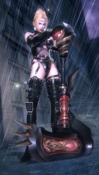 1girl armor axe belt blonde_hair blue_eyes boots breasts buckle_straps building cleavage_cutout clothing_cutout earrings elbow_gloves garter_belt gloves hammer high_heels highres jewelry lamppost latex leather leather_armor leotard lips lipstick makeup ninja_gaiden official_art official_wallpaper one-piece_swimsuit pauldrons rachel_(ninja_gaiden) rain shadow shoes shoulder_armor standing strap studded_leather swimsuit tecmo thigh_boots thighhighs tiara vinyl wallpaper war_hammer weapon window rating:Sensitive score:29 user:SevenForce