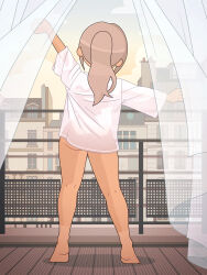  1girl ape_yacht_kookies ass barefoot building cloud curtains from_behind grey_hair highres liliana_canistrelli long_hair long_sleeves louis_lloyd-judson morning original ponytail see-through see-through_shirt shirt sky standing stretching sunrise white_shirt 