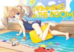 1girl all_fours ass bad_id bad_pixiv_id bandaid bandaid_on_leg barefoot between_legs blue_eyes blue_one-piece_swimsuit brown_hair cameltoe commentary_request feet from_behind full_body indoors innertube kneepits kouguchi_moto leg_up legs long_hair looking_back one-piece_swimsuit open_mouth original school_swimsuit smile soles solo stuffed_toy swim_ring swimsuit thighs toes twintails wristband