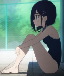  1girl anime_screenshot bare_legs bare_shoulders barefoot black_hair female_focus flip_flappers hair_ornament highres kokomine_cocona one-piece_swimsuit screencap short_hair sitting solo stitched swimsuit third-party_edit  rating:Sensitive score:54 user:Rebel