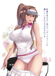  1girl :d alternate_costume bare_arms breasts brown_eyes brown_hair cherry_blossoms clothes_pull collared_shirt commentary_request floral_background flower hair_between_eyes hair_flower hair_ornament high_ponytail highres holding_tennis_racket jouzaburou_(joe3) kantai_collection large_breasts long_bangs long_hair open_mouth panties pleated_skirt ponytail shirt skirt skirt_pull sleeveless sleeveless_shirt smile solo sportswear tennis_racket_case tennis_uniform they&#039;re_not_panties translation_request underwear visor_cap white_background white_panties white_shirt white_skirt yamato_(kancolle) 