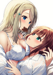  2girls arm_behind_back ayase_alisa blonde_hair blue_eyes blunt_bangs blush bra breasts brown_hair candy chocolate chocolate_heart collarbone dress_shirt eye_contact food food_in_mouth green_eyes hair_ornament hairclip heart highres holding holding_chocolate holding_food kosaka_yukiho large_breasts long_hair long_sleeves looking_at_another love_live! love_live!_school_idol_project mad_(hazukiken) medium_breasts mouth_hold multiple_girls open_clothes open_mouth open_shirt parted_bangs see-through see-through_shirt shirt short_hair simple_background sweatdrop sweaty_clothes underwear unworn_shirt white_background white_bra white_shirt yuri 