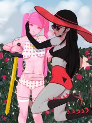  2girls adventure_time ass bite_mark boots chewing_gum colored_skin earrings elbow_gloves gloves grey_skin hat high_heel_boots high_heels jewelry m-i-q marceline_abadeer midriff multiple_girls navel pink_hair pink_skin pointy_ears princess_bonnibel_bubblegum red_eyes see-through short_shorts shorts sun_hat sword thigh_boots thighhighs twintails vampire weapon 