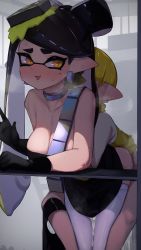  1boy 1girl age_difference black_dress black_gloves black_hair blush callie_(splatoon) choker clothed_sex collarbone cum cum_on_body cum_on_clothes cum_on_lower_body cum_overflow doggystyle dress earrings gloves hair_ornament happy happy_sex hetero highres hugged_from_behind indoors inkling_player_character jewelry kashu_(hizake) long_hair mole mole_under_eye nintendo pants_around_one_leg pointy_ears sex sex_from_behind shota smile splatoon_(series) standing standing_sex sweat tentacle_hair very_long_hair white_legwear yellow_eyes  rating:Explicit score:265 user:Bobross429