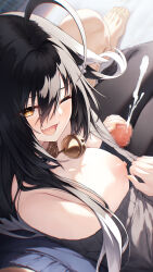  1boy 1girl ;d absurdres ahoge animal_ears bell black_hair black_pantyhose black_sweater censored clothes_pull cum ejaculation fang from_above hasumi_(hasubatake39) hetero highres jingle_bell long_hair mosaic_censoring neck_bell nipples one_eye_closed open_mouth original pantyhose penis pov setsuna_(hasumi_(hasubatake39)) sitting sitting_on_lap sitting_on_person smile sweater sweater_pull thigh_sex yellow_eyes 