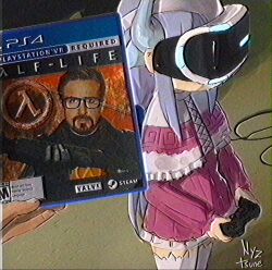  1girl capelet commentary controller dragon_girl dragon_horns frilled_capelet frills gordon_freeman half-life half-life_(series) half-life_1 head-mounted_display hev_suit highres holding holding_controller horns kanna_kamui kobayashi-san_chi_no_maidragon meme nyztsune playstation_controller playstation_vr pov ryan_gosling spanish_commentary standing thighhighs vhs_artifacts virtual_reality white_hair white_thighhighs 