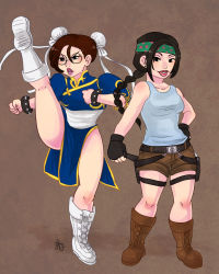  2girls american_dad! boots breasts brown_hair capcom chun-li gloves hayley_smith highres leg_up multiple_girls spikes street_fighter 