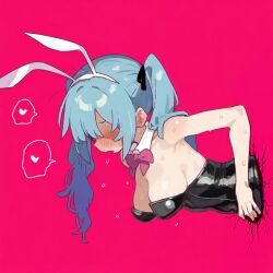  1girl animal_ears artist_request bare_shoulders blue_hair blush breasts broken_wall eyeless_female fake_animal_ears hanging_breasts hatsune_miku large_breasts leotard long_hair open_mouth playboy_bunny pure_pure_(rabbit_hole) rabbit_ears red_background sexually_suggestive suggestive sweat twintails vocaloid wall 