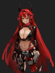  1girl black_gloves breasts chaps chronodash cleavage crop_top cropped_jacket fingerless_gloves gloves goddess_of_victory:_nikke grin hair_between_eyes headgear highres horns jacket large_breasts leather leather_jacket long_hair looking_at_viewer mechanical_horns navel orange_eyes red_hair red_hood_(nikke) red_scarf scarf smile solo unzipped very_long_hair zipper 