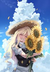  1girl :d ^_^ apron black_vest blonde_hair blue_sky closed_eyes cloud commentary_request cumulonimbus_cloud dappled_sunlight day erisauria facing_viewer flower frilled_apron frills grin hair_between_eyes hands_up happy hat highres holding holding_flower kirisame_marisa long_hair open_mouth outdoors puffy_short_sleeves puffy_sleeves shirt short_sleeves sidelighting sidelocks sky smile solo straw_hat sunflower sunlight touhou turtleneck upper_body vest waist_apron wavy_hair white_apron white_shirt 