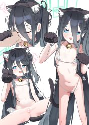  1girl 1other absurdly_long_hair absurdres animal_ears animal_hands aris_(blue_archive) bell bikini black_gloves black_hair blue_archive blue_eyes blush cat_ears cat_paws cat_tail censored cleft_of_venus closed_eyes closed_mouth fake_animal_ears flat_chest gloves green_halo groin halo heart heart_censor highres jingle_bell loli long_hair navel open_mouth paw_gloves pussy ringed_eyes simple_background smile spread_legs swimsuit tail very_long_hair white_background white_bikini yonketa 